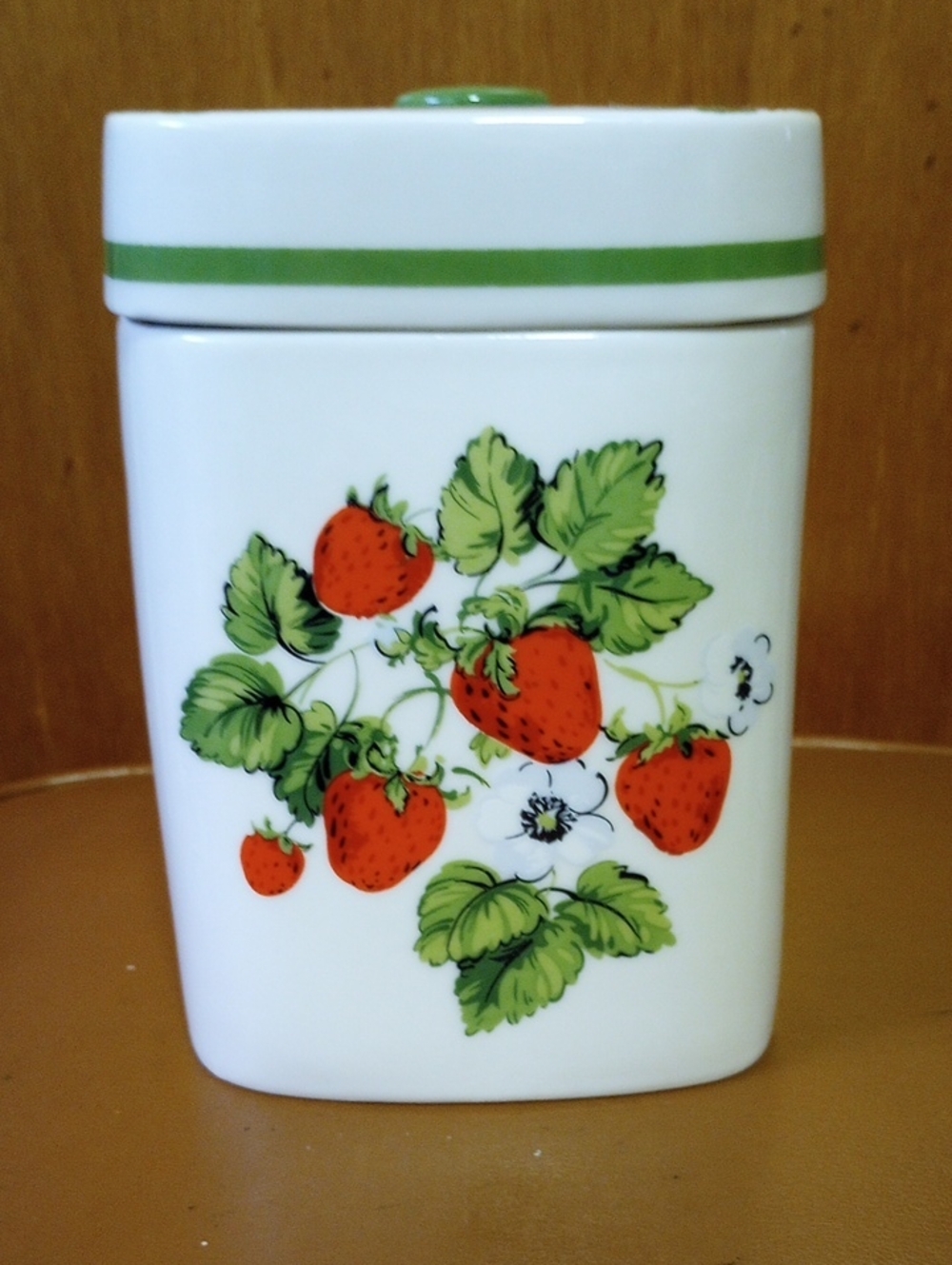 Daeware Ceramic Strawberry & Floral Vintage Canister. Cream Red Green White